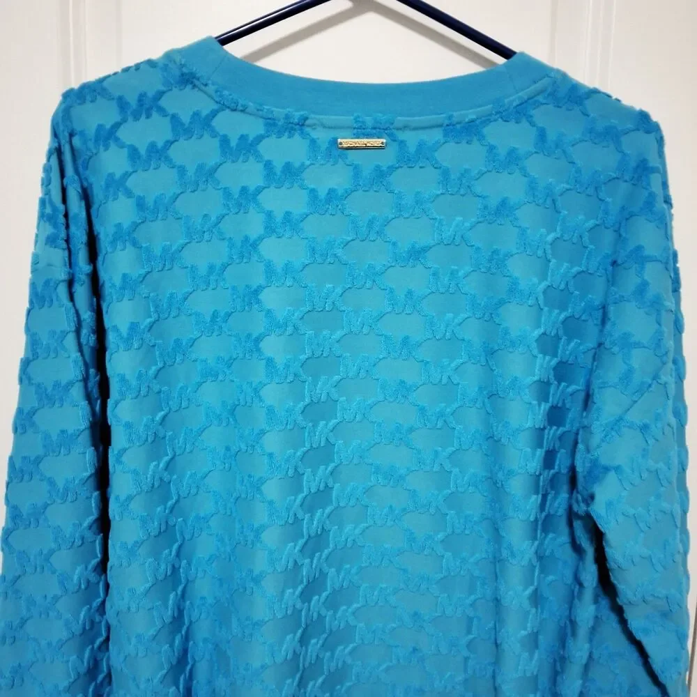 Michael Kors Women's MK Monogram Pattern Sweater Bright Blue Size Large NWT